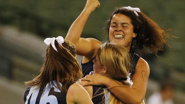 Madison Prespakis celebrates a goal for Vic Metro. Picture : George Salpigtidis.