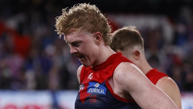 MELBOURNE, AUSTRALIA - AUGUST 02:  A dejected Clayton Oliver of the Demons is seen the round 21 AFL match between Footscray Football Club and Melbourne Demons at Marvel Stadium, on August 02, 2024, in Melbourne, Australia. (Photo by Darrian Traynor/Getty Images)