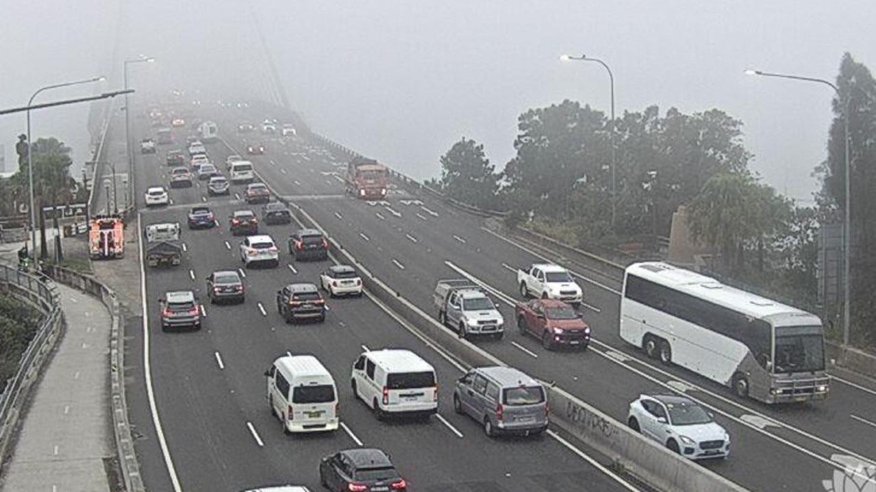 The Anzac Bridge has been smothered by fog on Monday morning. Picture: Live Traffic NSW