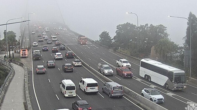 The Anzac Bridge has been smothered by fog on Monday morning. Picture: Live Traffic NSW