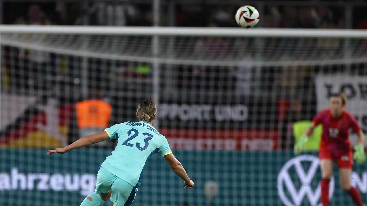 Kyra Cooney-Cross of Australia scores her team's first goal against Germany. (Photo by Alex Grimm/Getty Images)