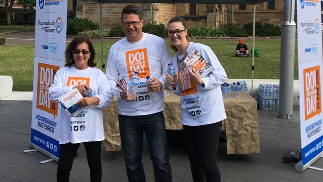 Fairfield Advance editor Pam Walker, Canterbury Bankstown Express editor Antony Field and Fairfield Advance reporter Tricia Hamilton at Parramatta’s Centenary Square for DoSomething Day.