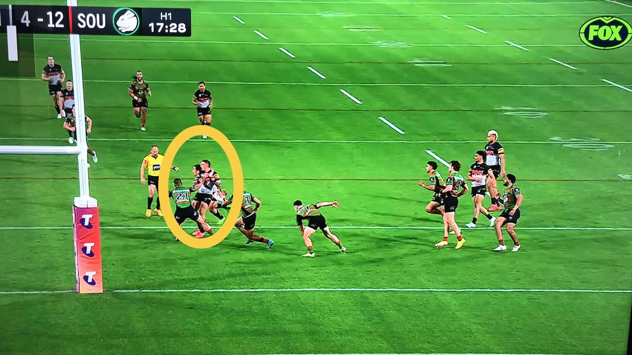 Jarome Luai was pinged for obstruction on this play and Phil Gould wasn't happy about it. Picture: Fox League