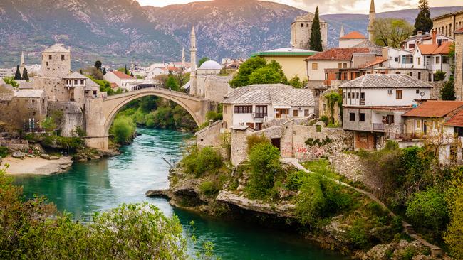 The city of Mostar and the Neretva River in Bosnia.