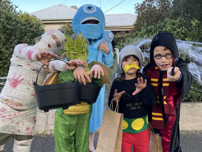 Felix, Zephyr, Ellen, Alina, and Eli trick-or-treating in Ballarat Central.