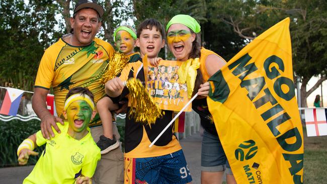 Jeremiah Sutton, Elliot Sutton, Kenny Sutton, Malakai Sutton and Seranie Gamble as thousands of fans gather to watch the Matildas take on England in the World Cup Semifinal at Darwin Waterfront. Picture: Pema Tamang Pakhrin