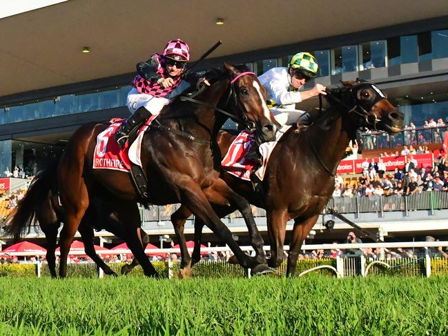 Champion jockey James McDonald on Sunshine In Paris edges out local hero Rothfire in a thrilling Group 1 Doomben 10,000. Picture: Grant Peters-Trackside Photography.