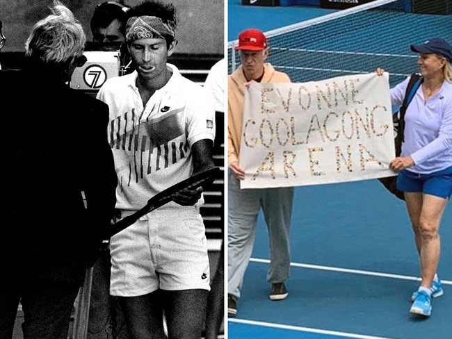 John McEnroe was disqualified from the 1990 Australian Open for verbal abuse, left, and Martina Navratilova and McEnroe protest on Margaret Court Arena. Picture: News Corp/Twitter