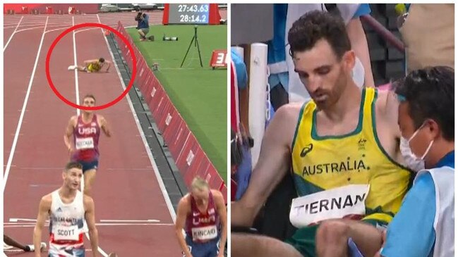 Patrick Tiernan fell twice during the 10,000m men’s final of the Tokyo Olympics and left the stadium in a wheelchair.