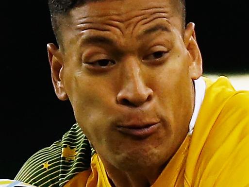 CARDIFF, WALES - SEPTEMBER 23: Israel Folau of Australia makes a break during the 2015 Rugby World Cup Pool A match between Australia and Fiji at the Millennium Stadium on September 23, 2015 in Cardiff, United Kingdom. (Photo by Laurence Griffiths/Getty Images)