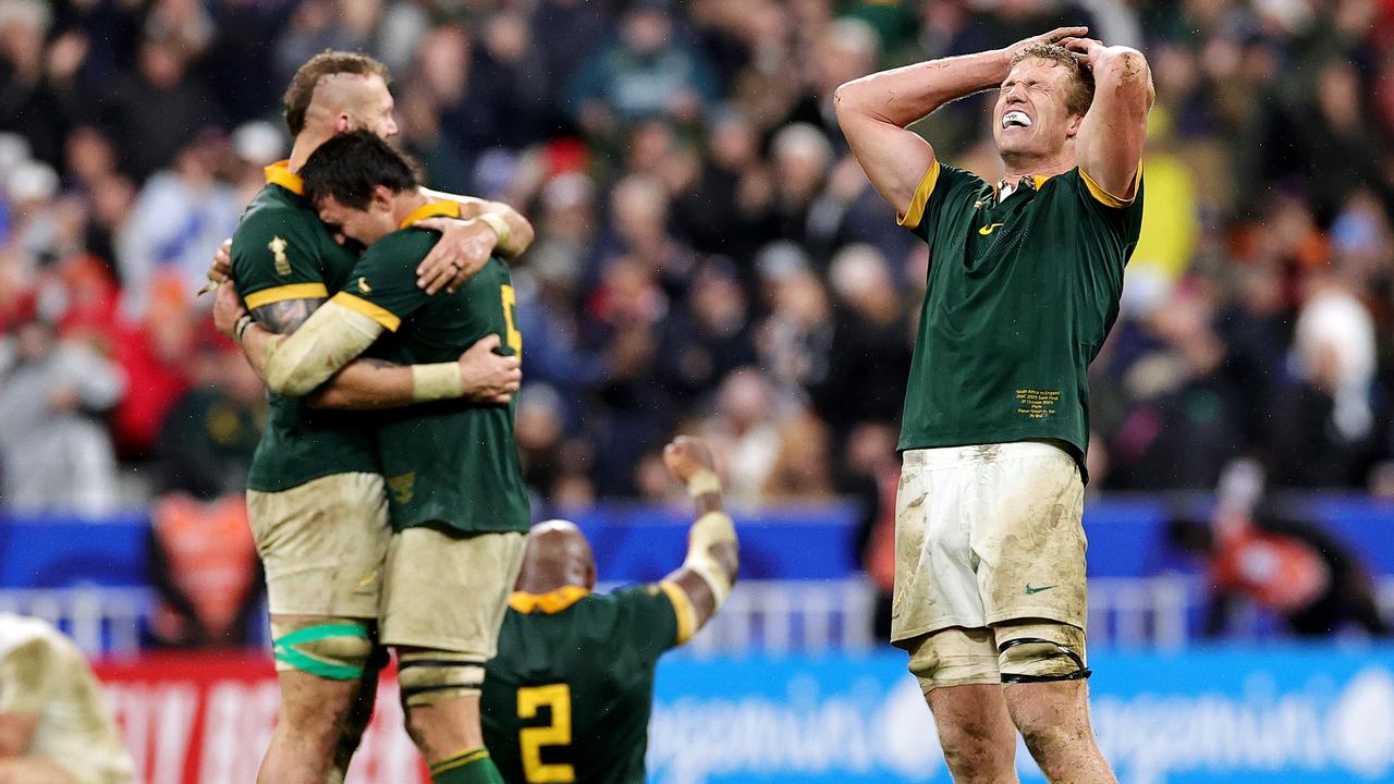 PARIS, FRANCE - OCTOBER 21: Pieter-Steph Du Toit of South Africa celebrates following the team’s victory during the Rugby World Cup France 2023 match between England and South Africa at Stade de France on October 21, 2023 in Paris, France. (Photo by David Rogers/Getty Images)