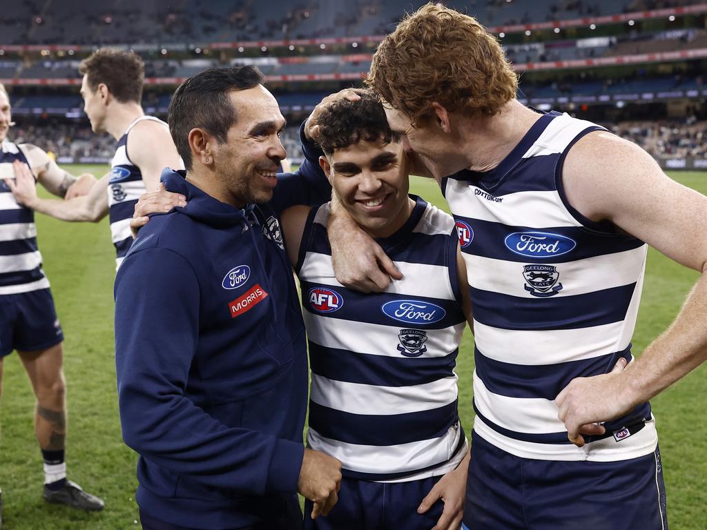 Geelong Cats assistant Eddie Betts, Tyson Stengle and Gary Rohan of the Cats celebrate after the AFL First Preliminary match between the Geelong Cats and the Brisbane Lions at Melbourne Cricket Ground on September 16, 2022 in Melbourne, Australia. Picture: Darrian Traynor