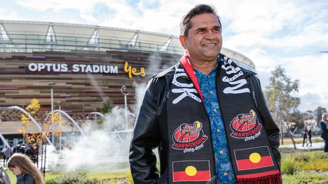 Nicky Winmar at the unveiling of his statue at Perth Stadium. Picture: AAP