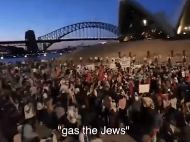 Horror slur at Sydney pro-Palestine rally. Picture: Twitter/Australian Jewish Assoc.