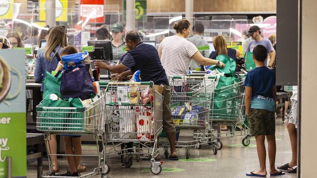 West Australians buy supplies at the Kingsway Shopping Centre in Madeley, northern Perth on Sunday. Picture: Marie Nirme