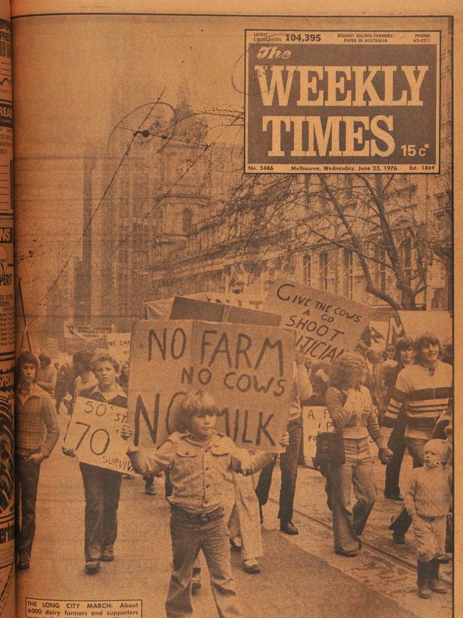 The Weekly Times in 1976 shows dairy farmers march in Melbourne.