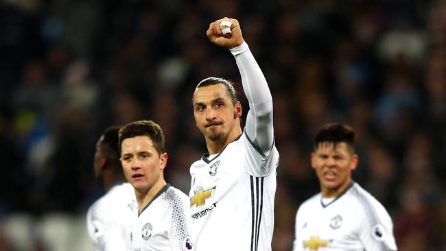 Zlatan Ibrahimovic of Manchester United celebrates scoring.