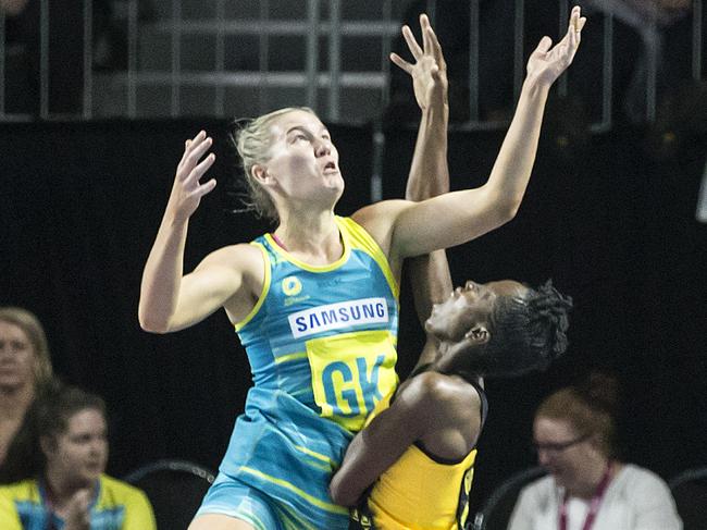 FAST5 NETBALL WORLD SERIES- Australia v Jamaica at Hisense Arena.  Aussie Courtney Bruce and Jamaica Anna Kay Griffiths in action. Picture: Sarah Matray