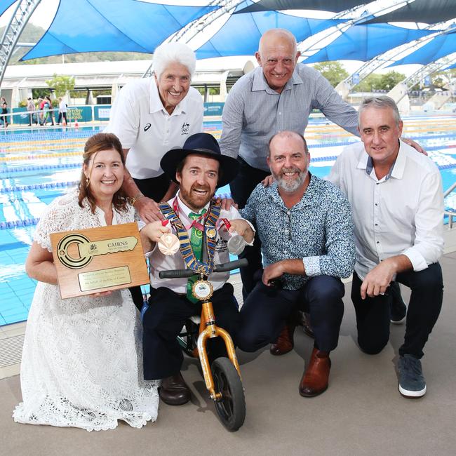 Dual Paralympic medallist Grant “Scooter” Patterson was honoured as the unofficial Mayor of Cairns for the afternoon when Bob Manning gave the swimmer the Keys to the City at a ceremony held at Tobruk Pool. Grant “Scooter” Patterson with Olympic swimming legend Dawn Fraser, Cairns Mayor Bob Manning, his parents Shelley and Steven Patterson and swimming coach Andrew “Herbie” Howard. Picture: Brendan Radke