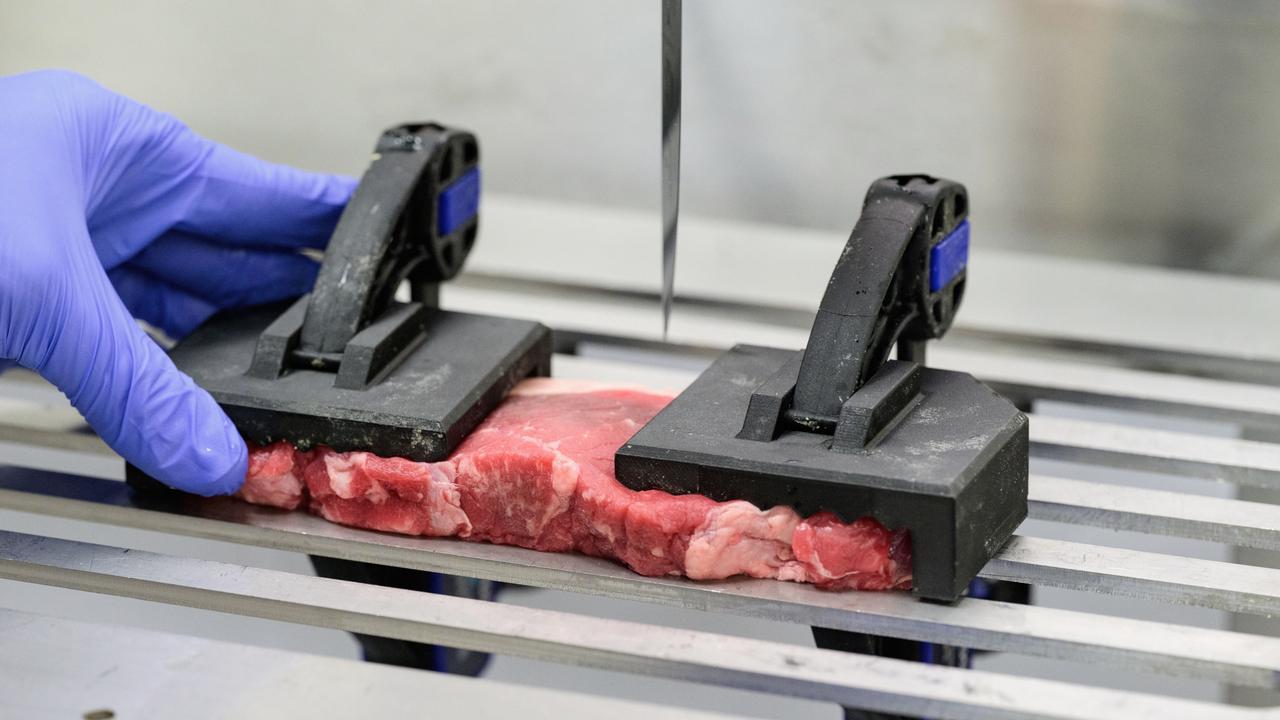 UniSQ Centre for Agricultural Engineering Research Fellow Dr Basem Adel Aly, and the automated robotic arm cutting red meat. Picture: UniSQ