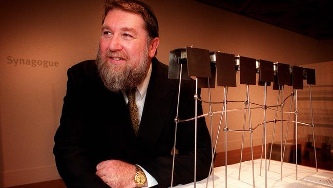 MAY 24, 2001 : Rabbi David Freilich with titanium & silver memorah at Perth Art Gallery 24/05/01. Pic Paul Hutton.Western Australia / Religion