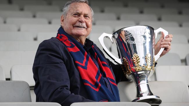 Finals are back the MCG. Football legend Ron Barassi is looking forward for his beloved Melbourne Demons to take home the 2022 Premiership Cup. Ron holds the 2022 AFL Premiership Cup on the MCG.               Picture: David Caird