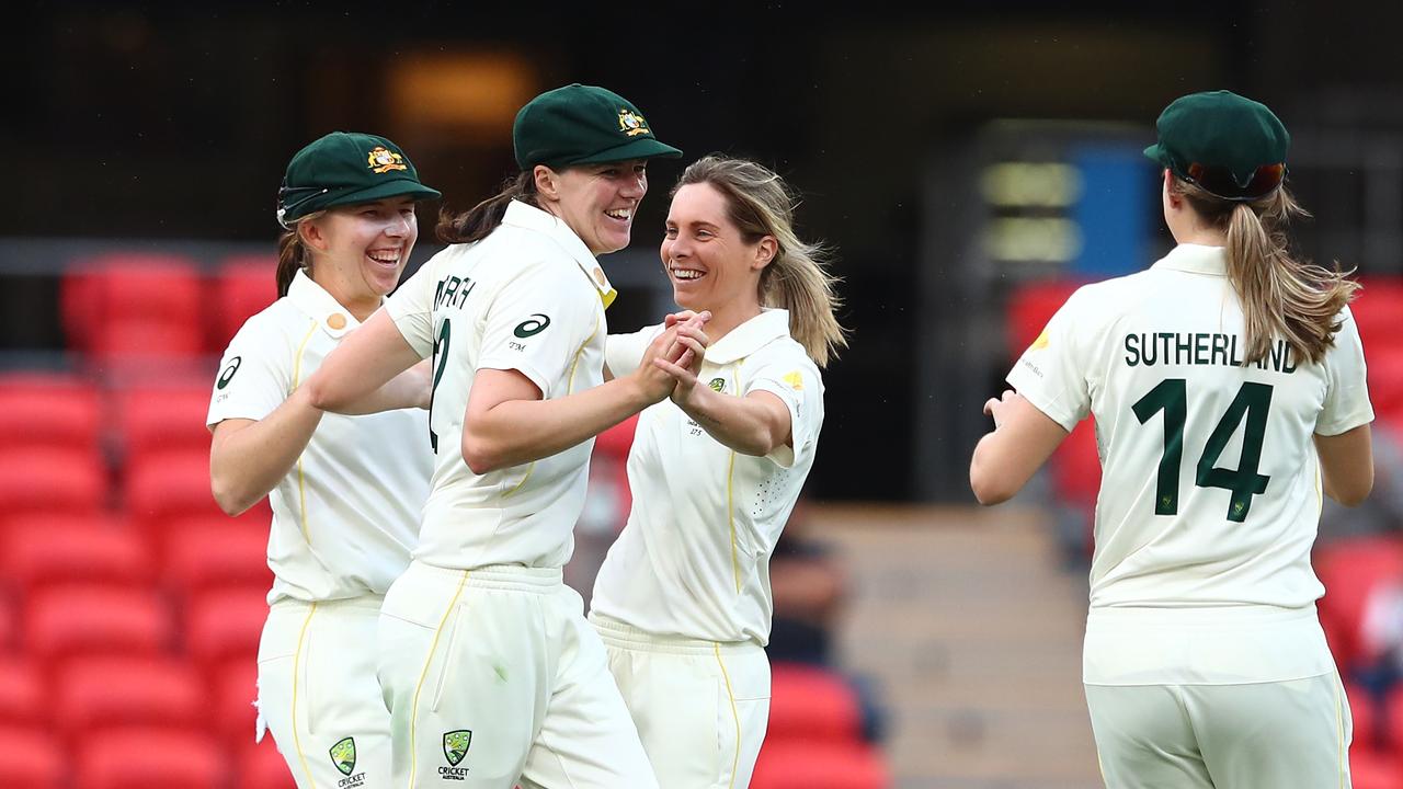 Australia celebrates the dismissal of Shafali Verma. Photo by Chris Hyde/Getty Images