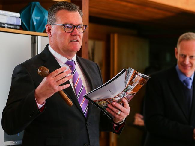 SYDNEY, AUSTRALIA - AUGUST 22, 2020: Auctioneer Stuart Davies and Agenct Michael Pallier during the Property Auction at 31 Olola Ave Vaucluse in Sydney Australia, on AUGUST 22 2020. Picture: Sunday Telegraph / Gaye Gerard