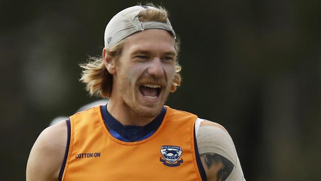 GEELONG, AUSTRALIA - JANUARY 22: Tom Stewart of the Cats reacts during a Geelong Cats AFL training session at the Deakin University Elite Sports Precinct on January 22, 2021 in Geelong, Australia. (Photo by Daniel Pockett/Getty Images)