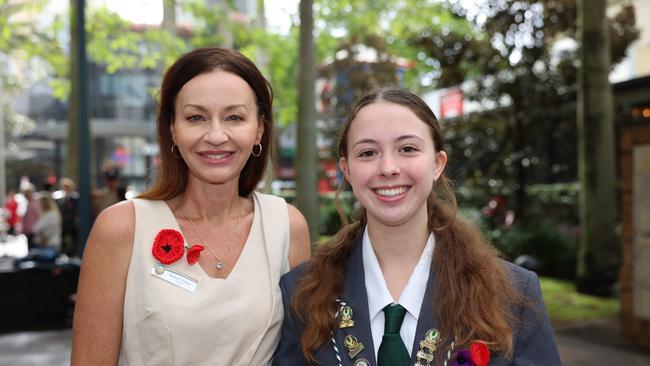 Rachel Cutajar and Emmelia Humpreys at the Surfers Paradise RSL Anzac Day noon service 2025 at Cavill Park for Gold Coast at Large. Picture, Portia Large.