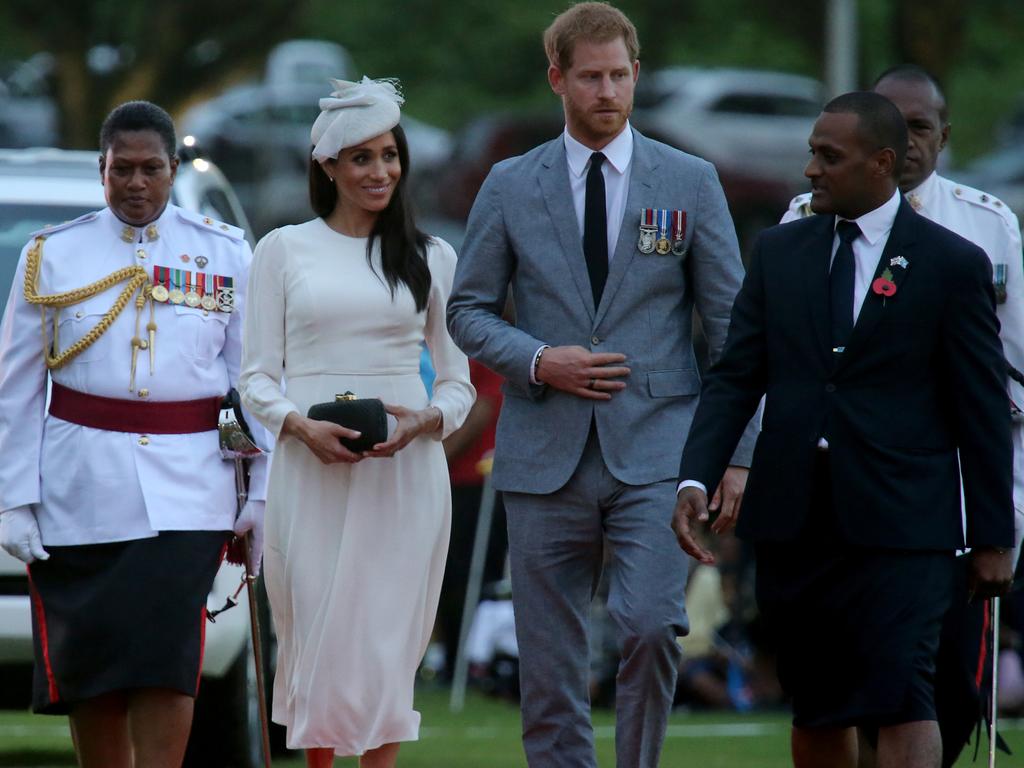 The Duke and Duchess of Sussex Prince Harry and Meghan arrive at Albert Park in Suva to a traditional Fijian welcome. Picture: Nathan Edwards.