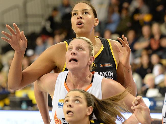 Olympian Liz Cambage playing for Melbourne Boomers in the WNBL against Townsville Fire at the State Basketball Centre, Wantirna South.  Liz at the back. Picture: Lawrence Pinder