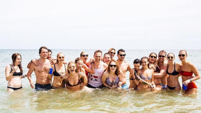 Tom Hiddleston (centre, wearing an ‘I love T.S. singlet) was the main attraction at Taylor Swif't’s Fourth of July  Independence Day party.  Picture: Gigi Hadid/Twitter