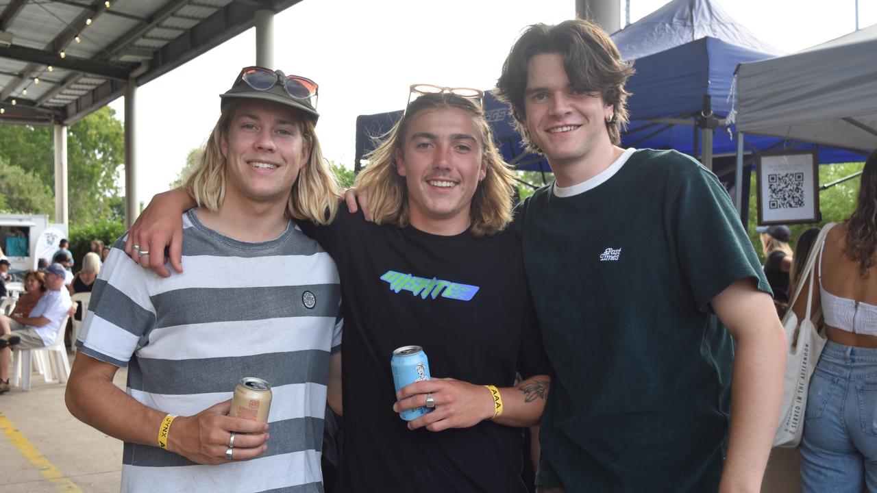 Lachlan Jackson, Nick Scott and Jordan Finlay at Your Mates Beer Day Out in Warana on December 10, 2022. Picture: Sam Turner