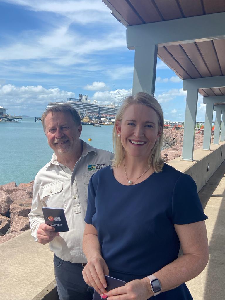 Tourism Top End's Glen Hingley and Tourism and Hospitality Minister Nicole Manison in front of the Westerdam, an almost 2000-passenger cruiser on its maiden voyage to Darwin.