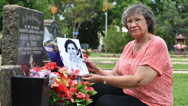 Di Butler's mum was killed in cyclone tracy .. but not before placing her two year old grandson into a bin for protection.Pictured with her mothers grave stone.