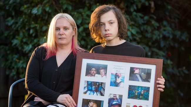 Carlie White and son Cooper Birch with photos of partner and father Richard Birch. Picture: Jason Edwards