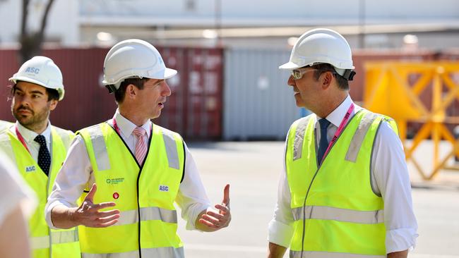 17 September 2021: Premier Steven Marshall and Senator Simon Birmingham arrive at a press conference at ASC after the joint Australia, USA and British nuclear submarine agreement. Picture Kelly Barnes