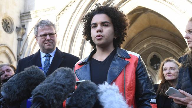 Keira Bell speaks to reporters outside the Royal Courts of Justice in London. Picture: EPA/FACUNDO ARRIZABALAGA