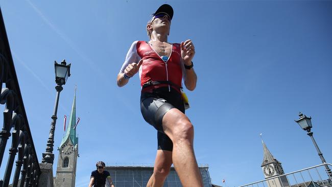 Cameron Wurf during the run leg of Ironman Zurich in July. Picture: Nigel Roddis/Getty