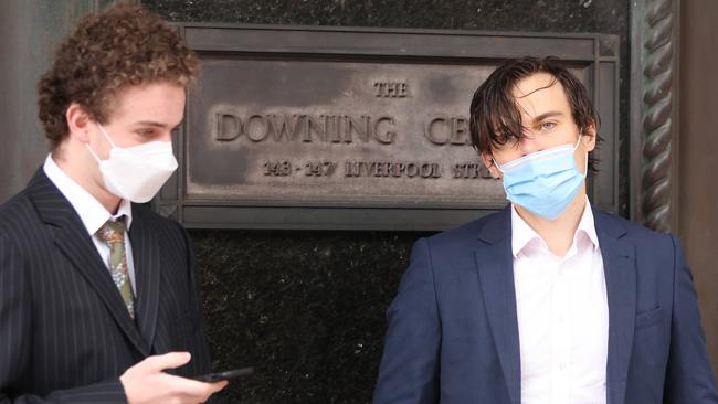 Jordan Shanks, known as FriendlyJordies (right) and producer Kristo Langker (left) outside Downing Centre Court on Wednesday. Picture: NCA NewsWire / Damian Shaw