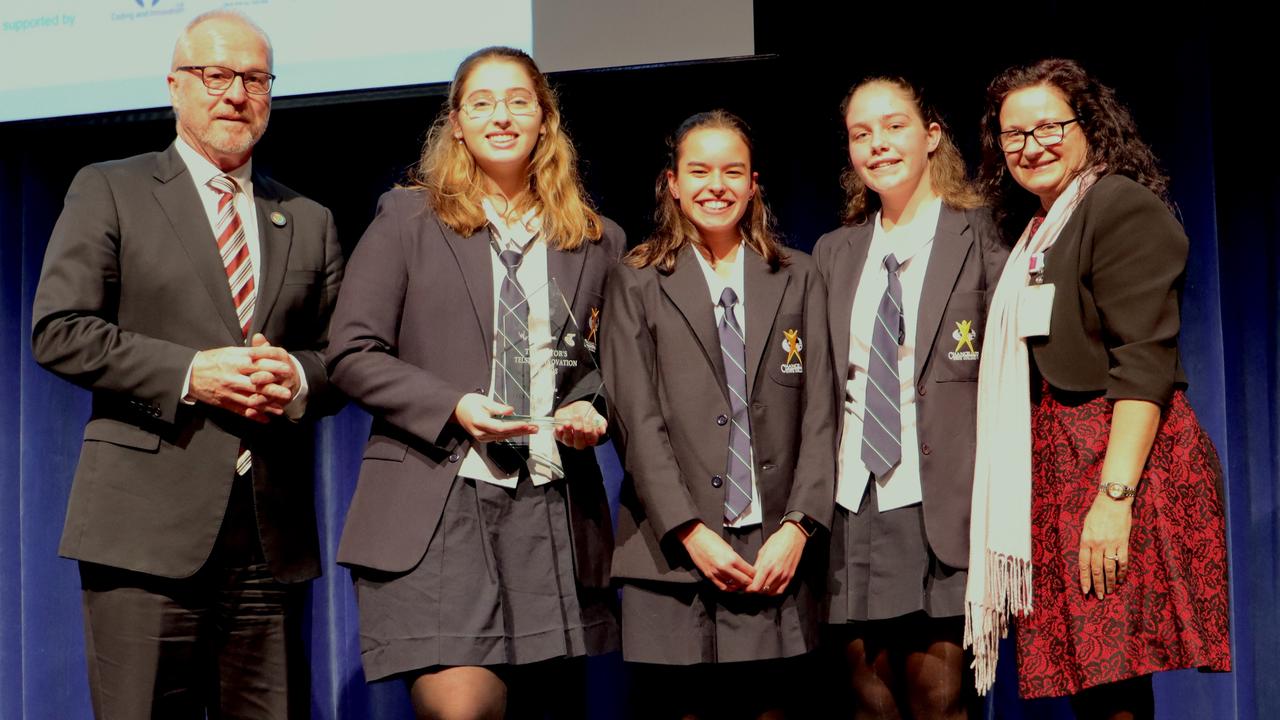 Chancellor State College Year 12 students Ella Berglas, Ioana Oprescu and Tahlia Harris with Sunshine Coast mayor Mark Jamieson and Chancellor State College teacher May Boisen.