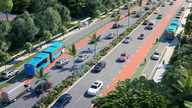 An artist's impression of a quality bus corridor, which is one of the options presented in Sunshine Coast Council's Draft Options Analysis for a mass transit plan.