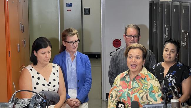 NT chief minister Natasha Fyles (left) and federal communications minister Michelle Rowland (speaking) at the opening of the DJSC link.