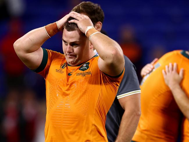 LYON, FRANCE - SEPTEMBER 24: Blake Schoupp of Australia looks dejected at full-time following the Rugby World Cup France 2023 match between Wales and Australia at Parc Olympique on September 24, 2023 in Lyon, France. (Photo by Chris Hyde/Getty Images)