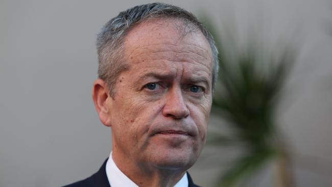 Bill Shorten making a statement to the media after attending the 2019 ANZAC dawn service in Darwin. Picture Kym Smith