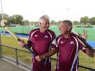 DRIVING FORCE: Tournament organiser Alf Groves and captain of the over-63 team Ken Davison get ready for the over-55 and the over-63 hockey tournamnet in Grafton this weekend. Photo: Adam Hourigan / The Daily Examiner. Picture: Adam Hourigan