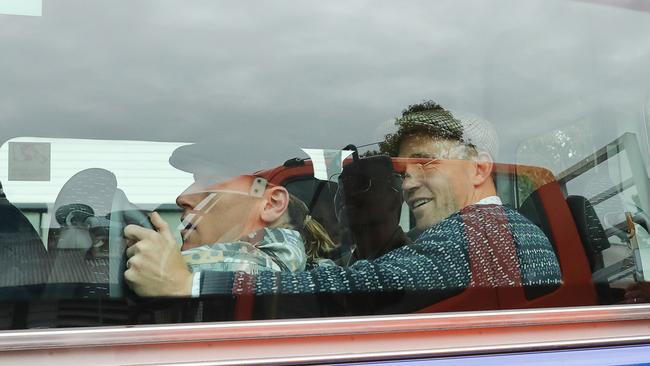 Mark Blicavs and Joel Selwood in retirement home bus. Geelong Cats Mad Monday at the Wharf Shed in Geelong. Picture: Alan Barber