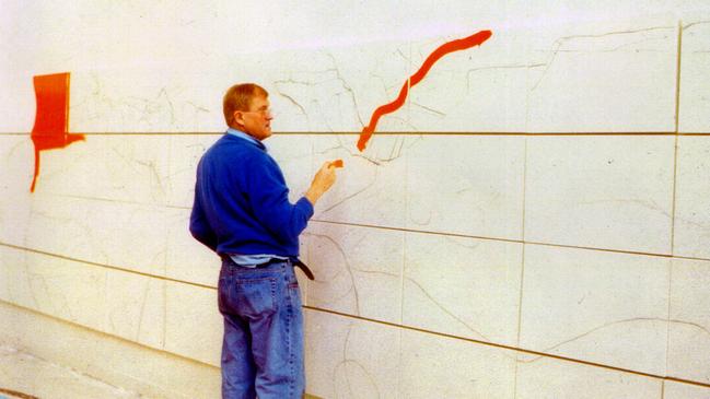 Artist David Hockney in undated photo starting work on the painting.