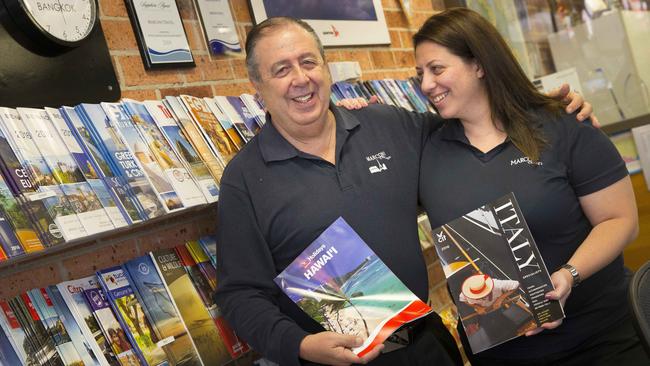 NO BYLINE - Fairfield Advance - Pictured LTR: Domenico Labbozzetta (owner, 68) with daughter Francesca Labbozzetta (36) - Fairfield City Council awarded Marconi Travel Agency (9 William Street, Fairfield NSW) a lifetime business award. Photographs taken at the agency.